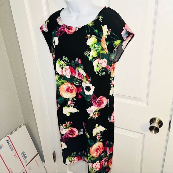 Merona Bright Casual Floral Shift Dress Black Pink Multi 6 - Picture 6 of 9